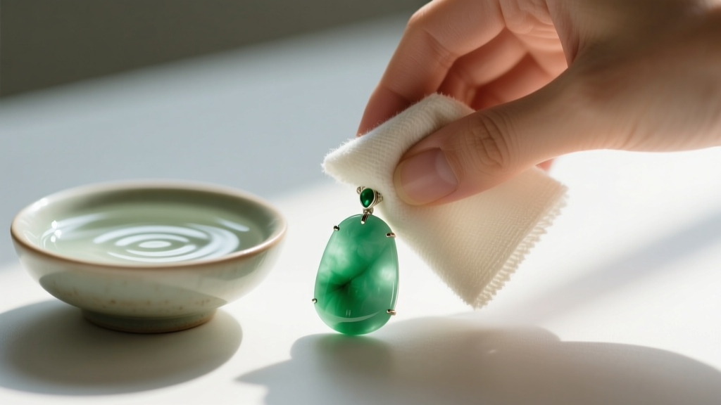 Hands gently wiping a polished sage green chrysoprase pendant with a microfiber cloth next to a small bowl of mild soapy water
