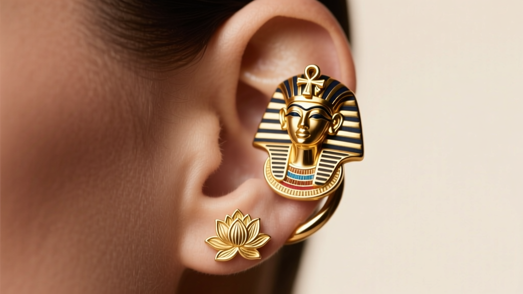 Close-up of a gold Nefertiti ear cuff wrapping from lobe to helix, featuring Egyptian motifs under soft, warm studio lighting.