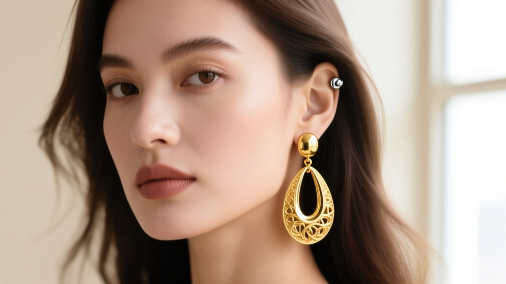 Model wearing asymmetrical uneven earrings, with a heavy 14k gold drop on one ear and a tiny titanium stud on the other ear