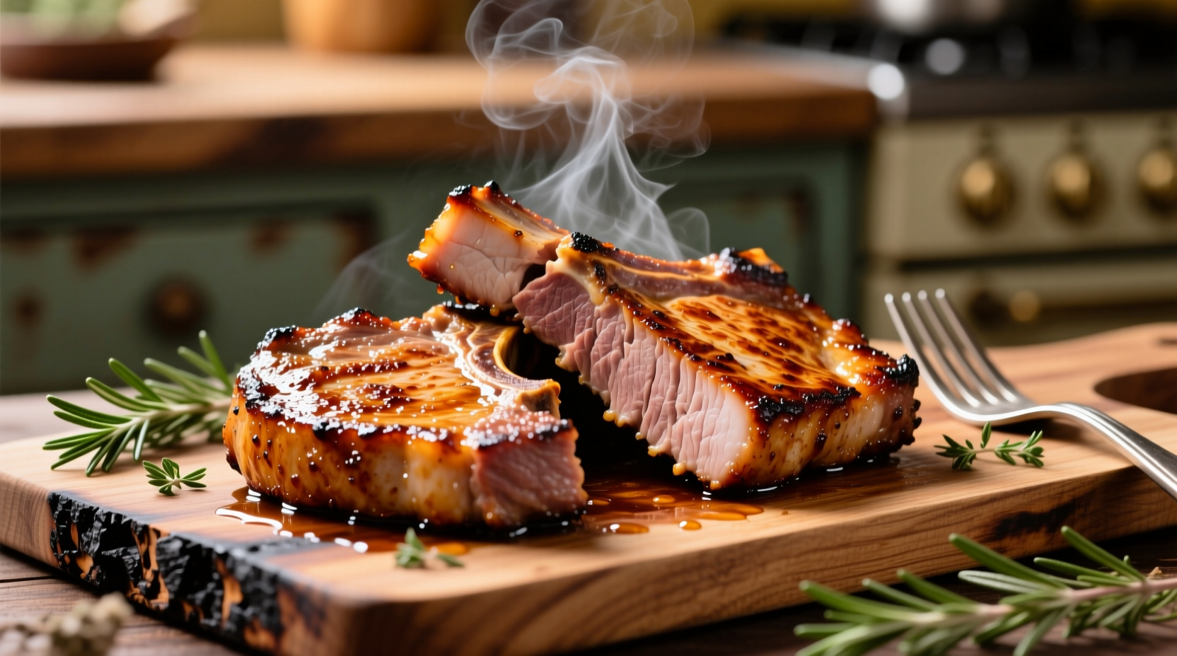 Perfectly cooked juicy pork chops with golden sear