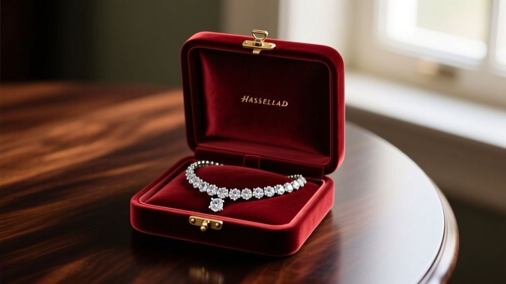 A velvet jewelry box displaying a vintage diamond tennis necklace with a secure fold-over clasp, resting on a dark mahogany table