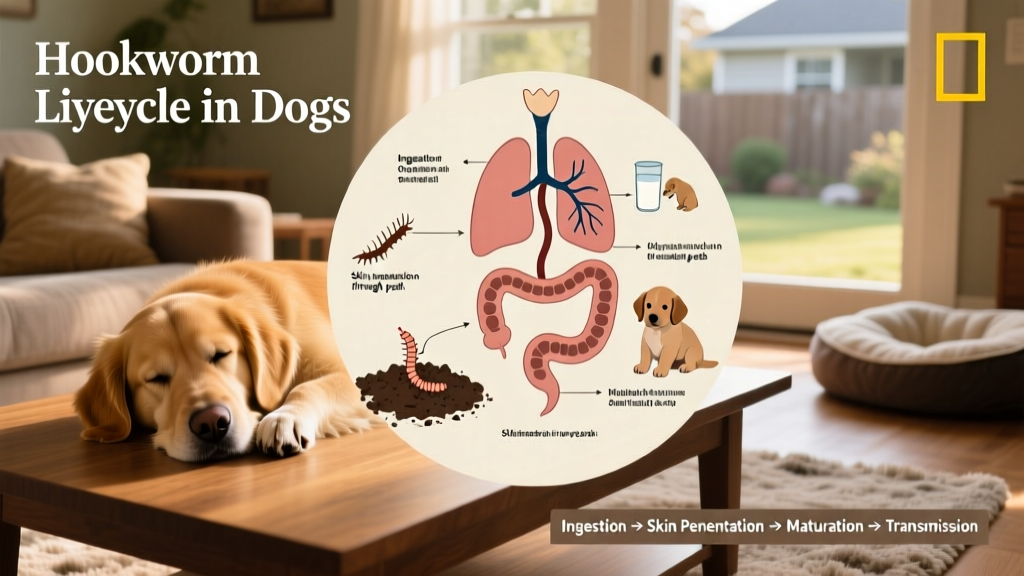 Diagram showing lifecycle of hookworms in dogs, including ingestion, skin penetration, and maternal transmission