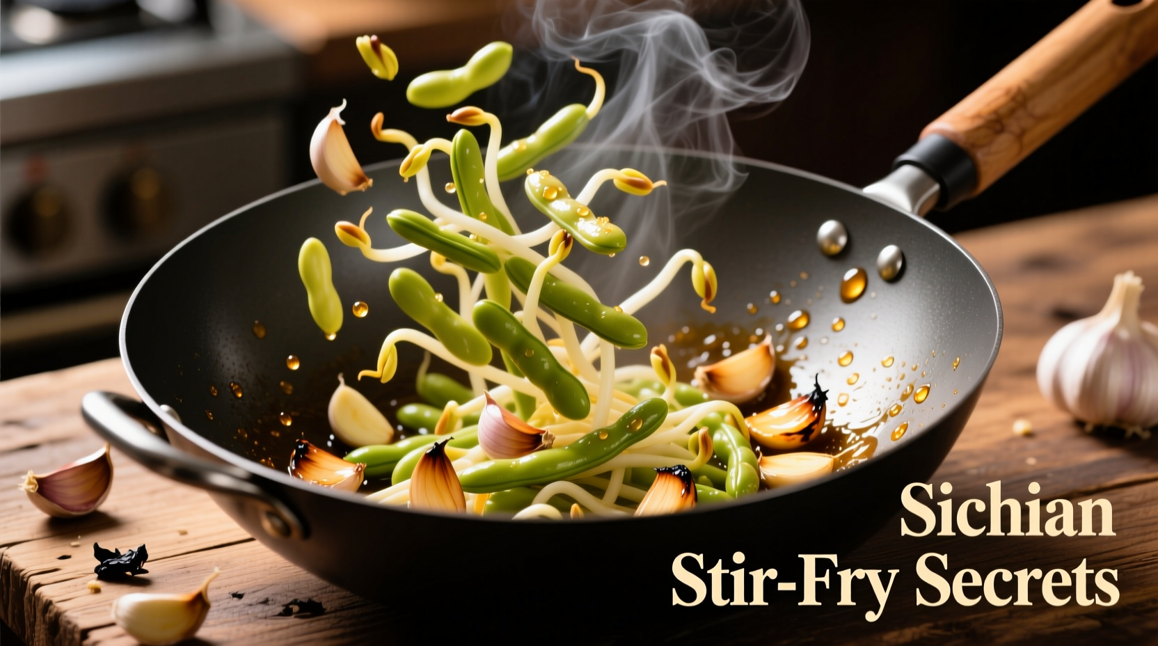 Crisp bean sprouts in wok with garlic