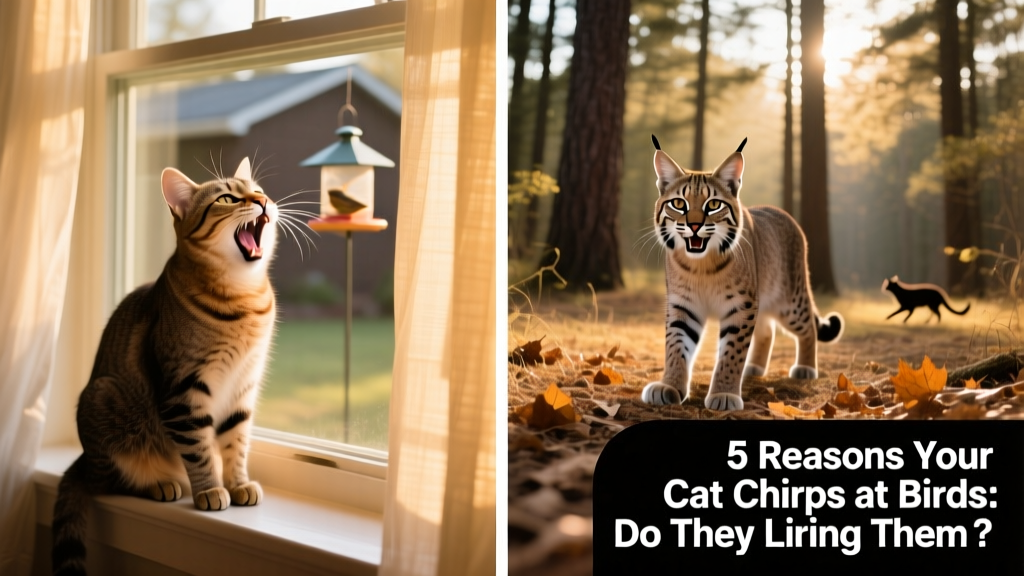 Side-by-side comparison: a cat chirping at a window and a wild bobcat exhibiting similar jaw movements during stalking