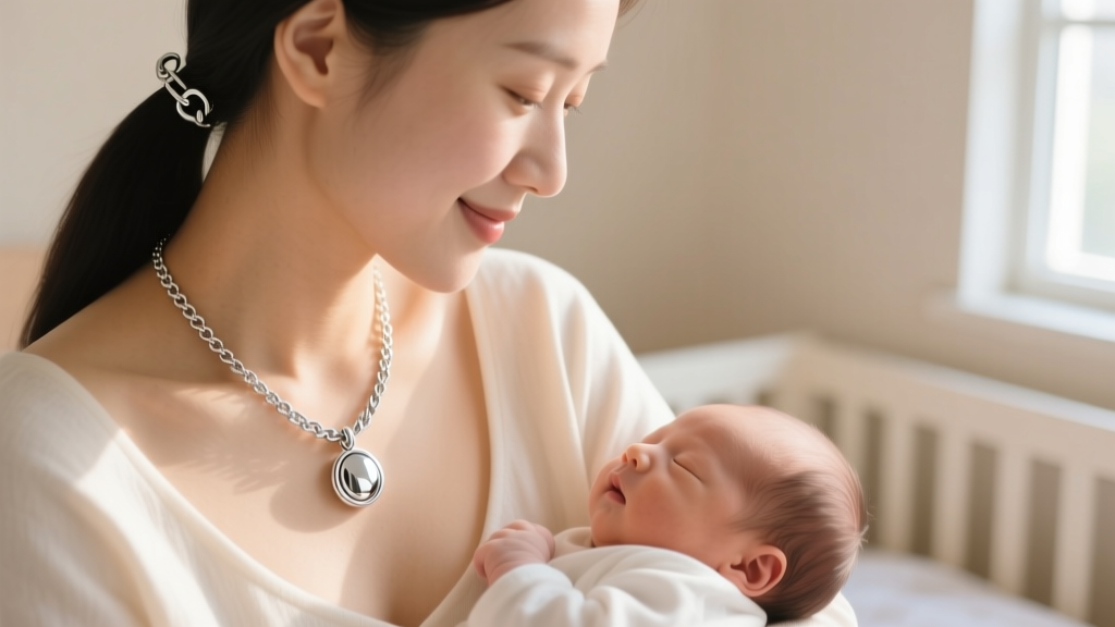 Woman wearing a wheat chain initial necklace while holding a baby, highlighting a secure lobster clasp and pristine metal finish.