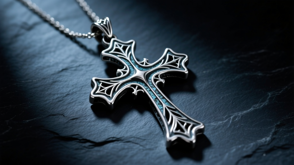 Heavy oxidized sterling silver gothic cross pendant on dark slate background, illuminated by moody directional studio lighting.