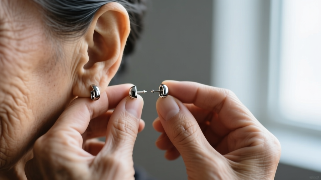 Arthritic hands holding 18g titanium leverback earrings near an earlobe, showing adaptive jewelry styling