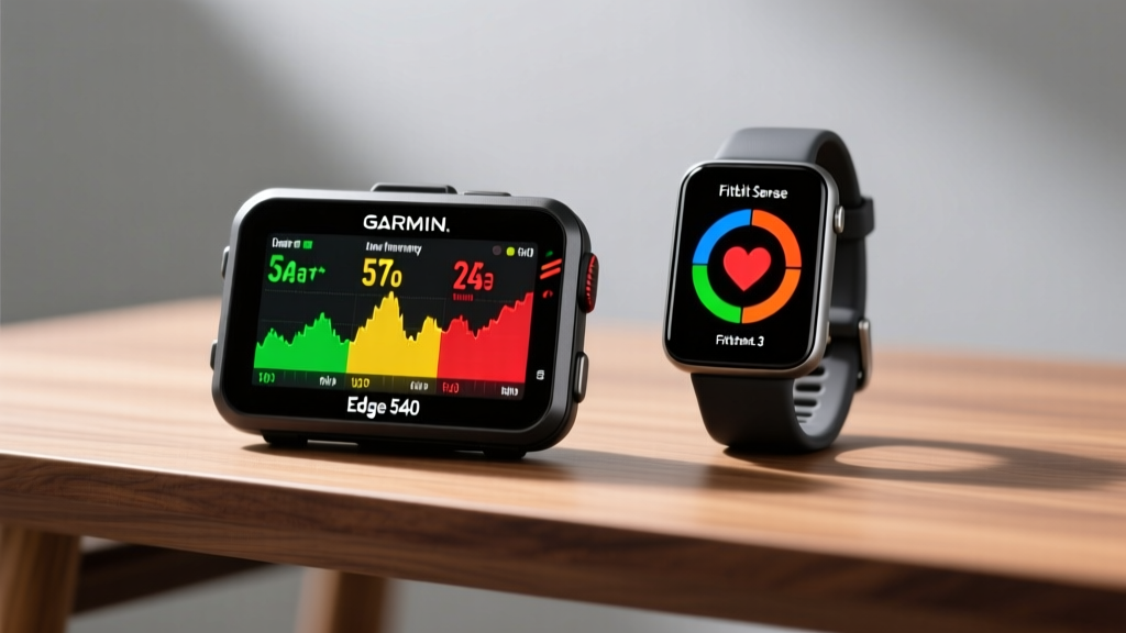 Side-by-side comparison of a Garmin Edge 540 bike computer displaying power metrics and a Fitbit Sense 3 showing heart rate zones on a desk