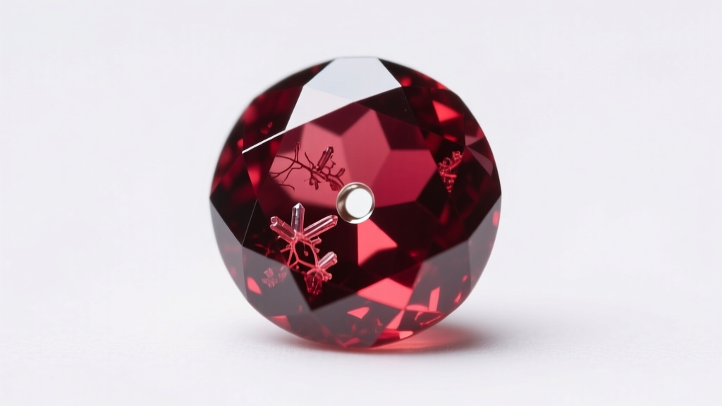 Macro shot of an 8mm faceted pyrope garnet bead showing internal inclusions and a clean drill hole on a white background.