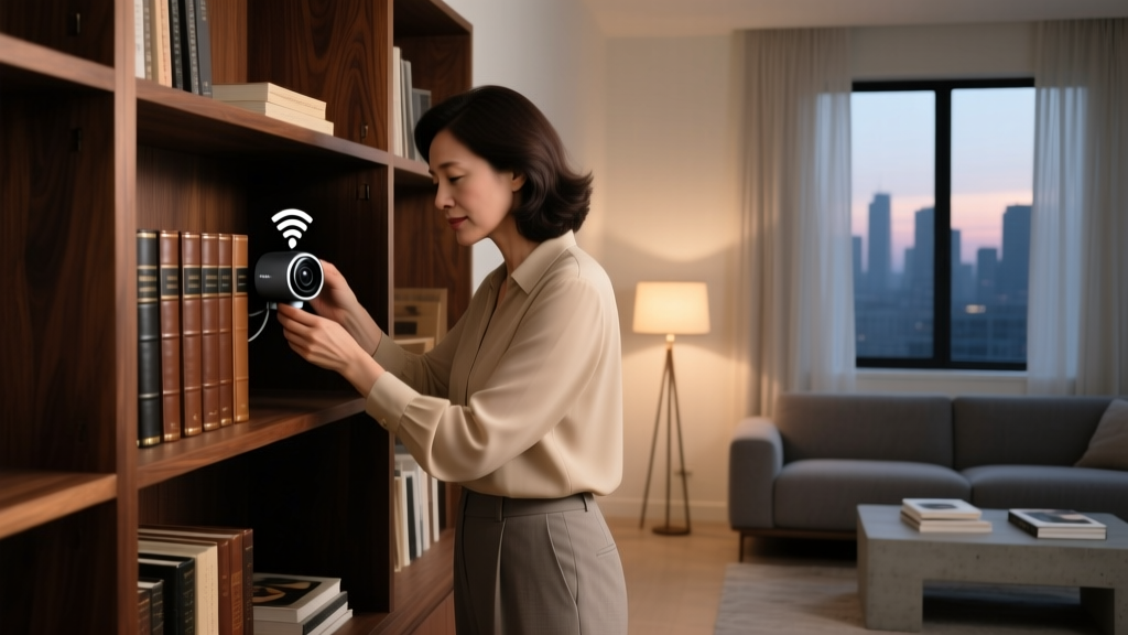 Woman discreetly placing a miniature black WiFi hidden camera inside a wooden bookshelf in a dimly lit apartment living room