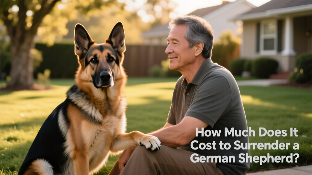 A calm German Shepherd sitting beside a person in a quiet outdoor setting