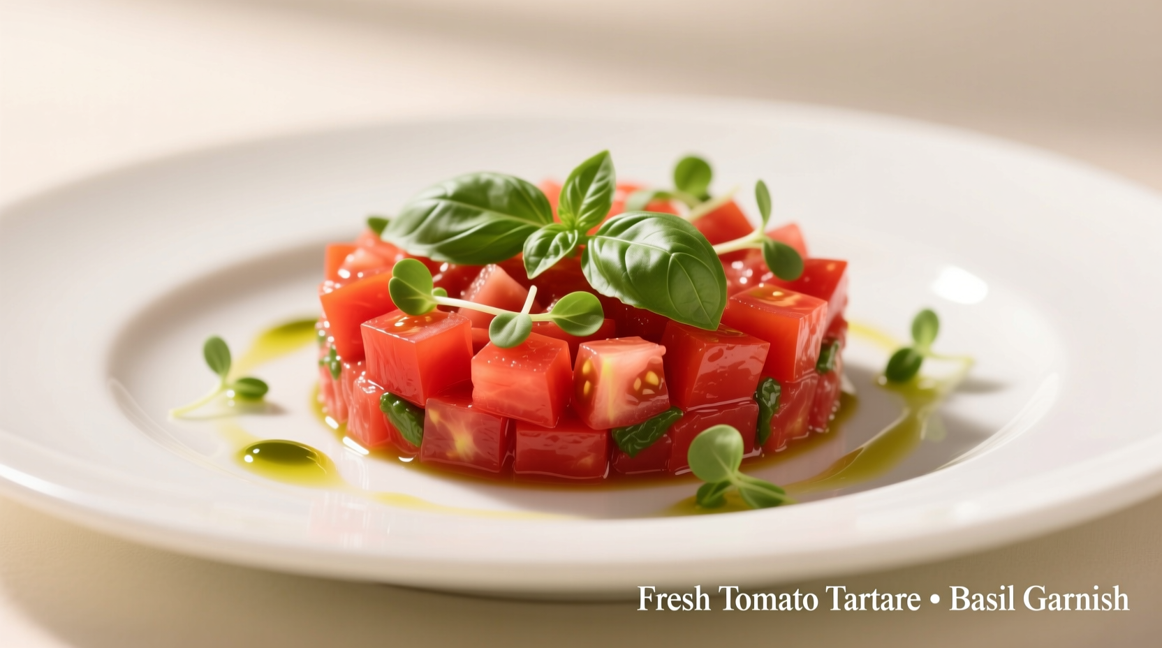Fresh tomato tartare with basil garnish on white plate