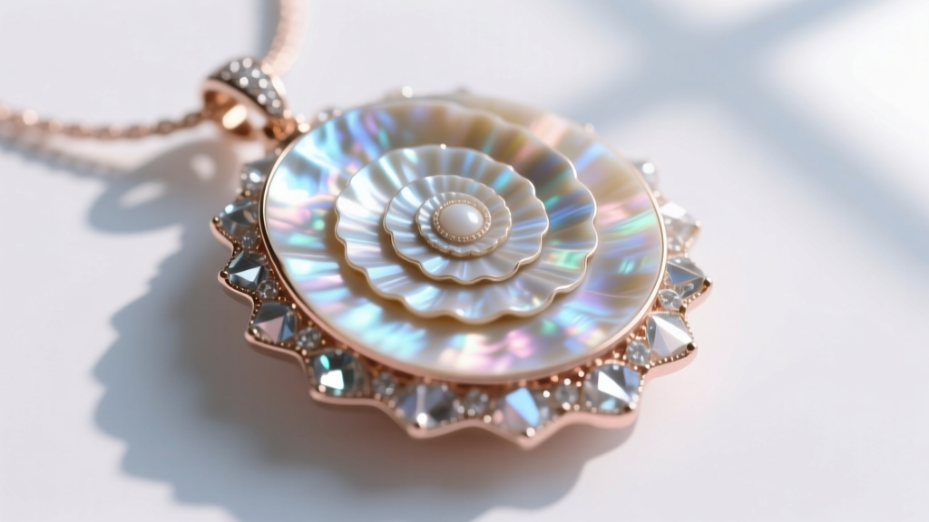 Macro photography of a large mother of pearl pendant showing concentric aragonite crystal layers and natural nacre luster.