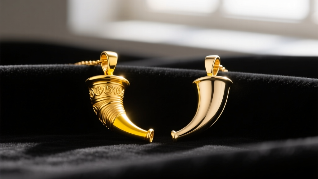 Macro shot of two Italian horn pendants comparing the rich yellow hue of 18k gold against the paler 10k gold on black velvet.