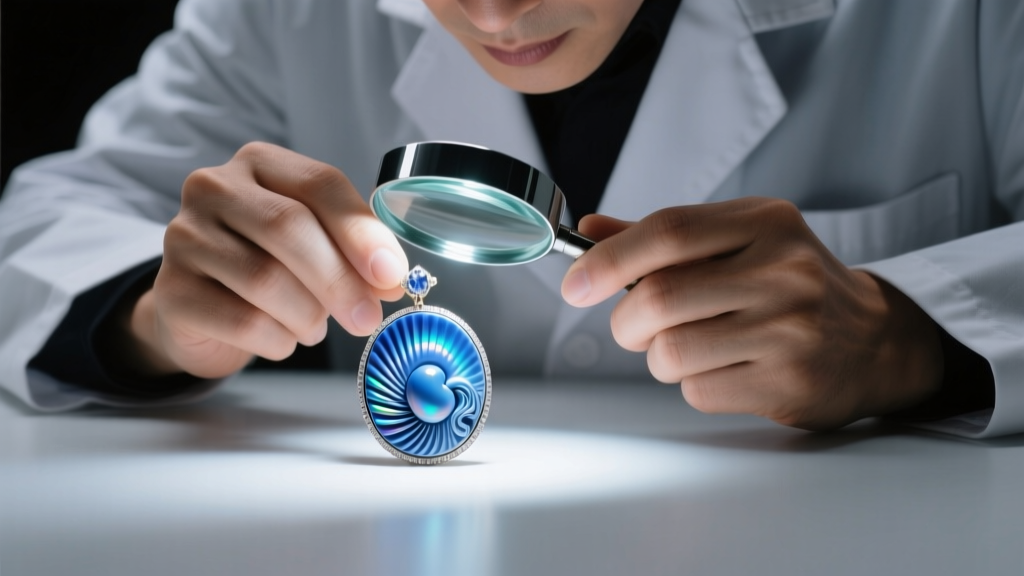 Jeweler using a 10x loupe to inspect the carving of a blue shell cameo pendant under bright, focused LED gemological lighting