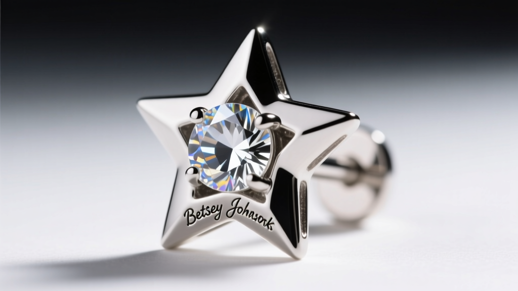 Macro shot of a silver-tone star earring post showing the engraved Betsey Johnson hallmark stamp and a clear glass crystal setting.