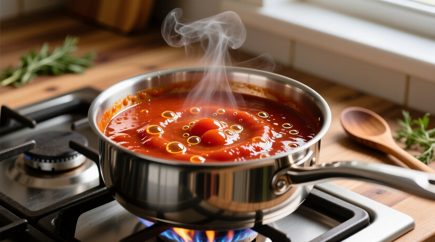 Simmering tomato puree sauce in stainless steel pot