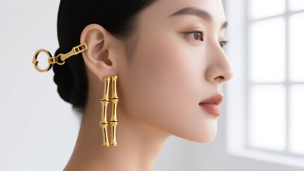 Profile of a woman wearing solid gold bamboo earrings, focusing on a reinforced omega clasp supporting the weight on her earlobe.