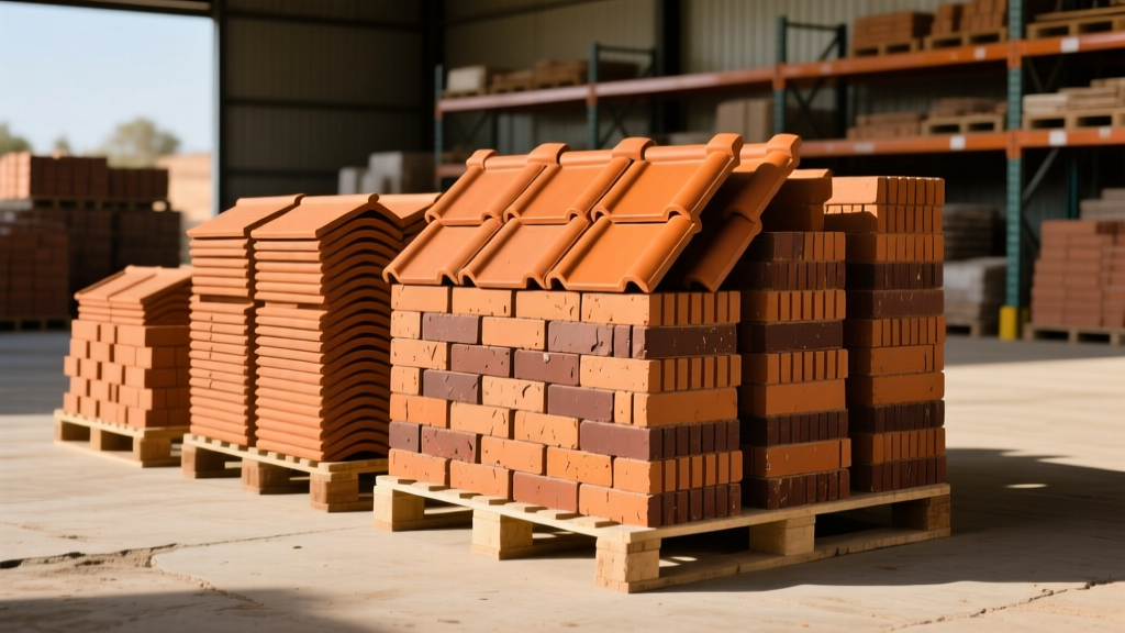 Pallets of El Paisa terracotta clay roof tiles and artisan face bricks stacked at a sunny regional building materials supply yard
