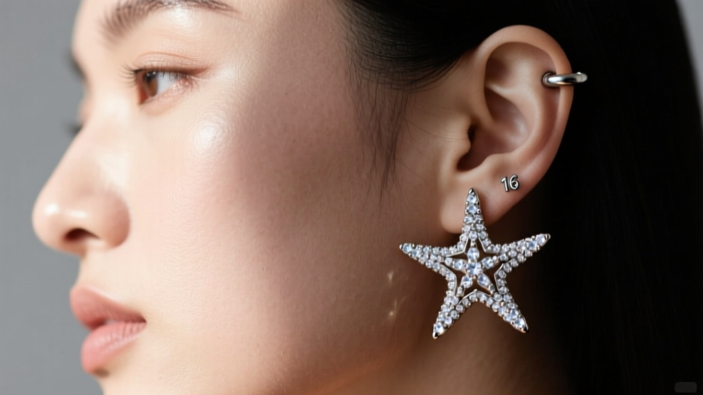 Side view of a helix piercing wearing a 16-gauge titanium flat-back starfish earring with tiny bezel-set clear cubic zirconia.