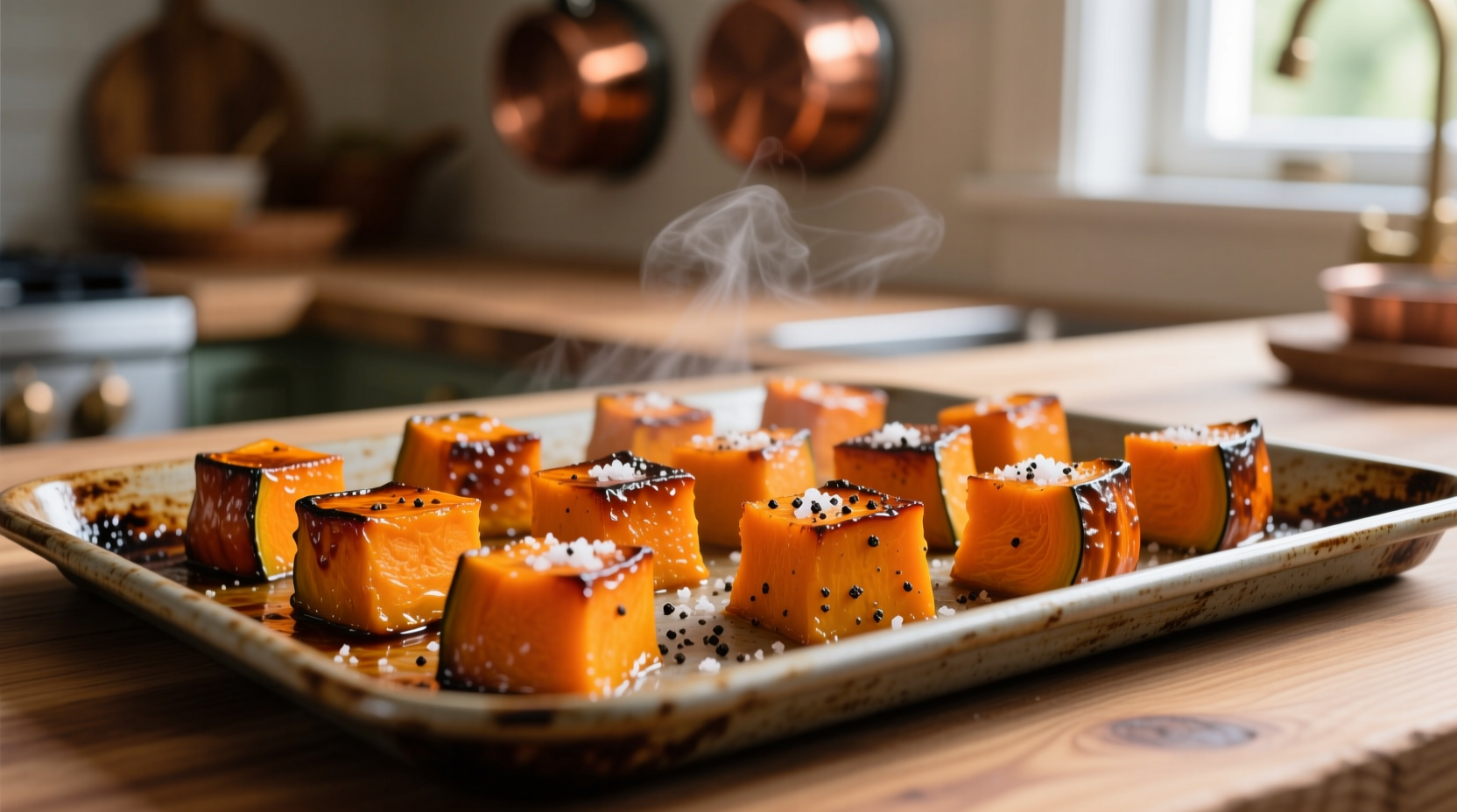 Roasted butternut squash cubes on baking sheet