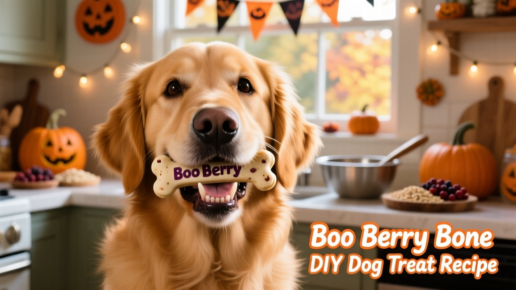 A happy golden retriever gently holding a Boo Berry Bone treat in its mouth, with soft autumn lighting and blurred Halloween decor in the background