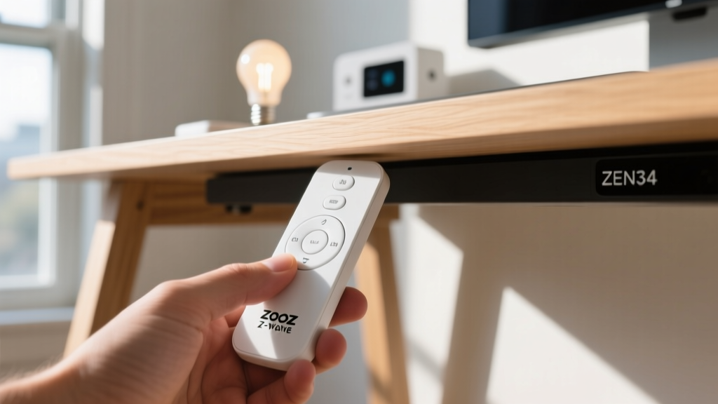 Hand pressing white Zooz ZEN34 Z-Wave remote mounted on underside lip of standing desk to trigger smart home scenes.