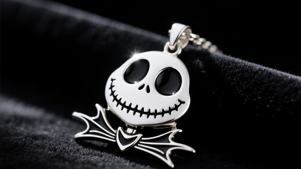 Sterling silver Jack Skellington pendant on black velvet, showing black rhodium shading and crisp white enamel facial details