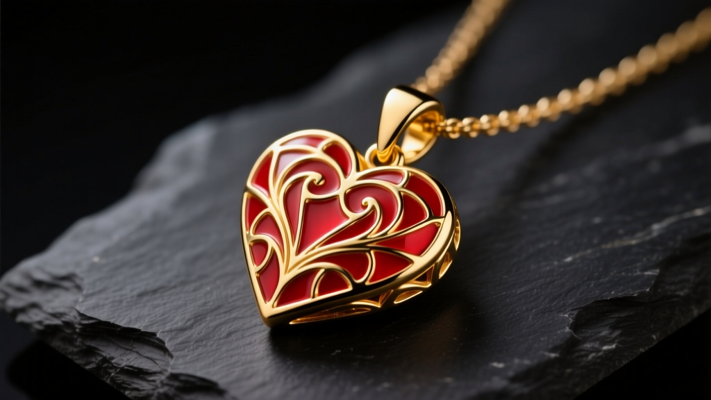 Macro shot of 14k yellow gold red heart necklace with vitreous guilloché enamel resting on dark slate under soft studio lighting