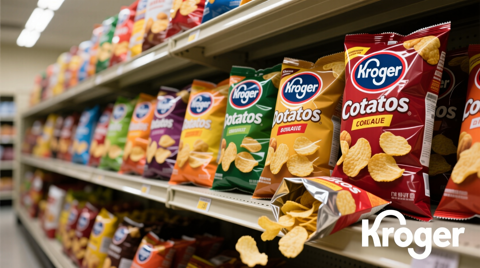 Kroger potato chip varieties arranged on grocery shelf