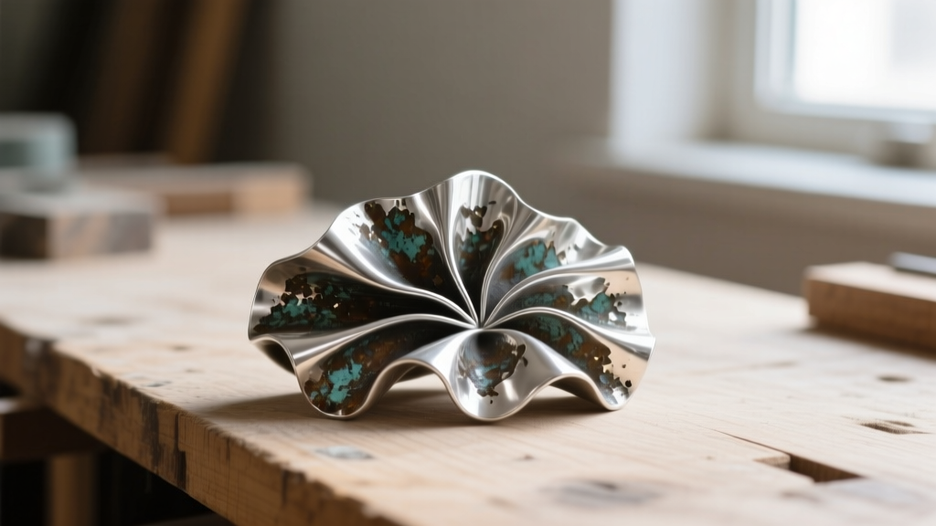 Macro shot of oxidized sterling silver fold-formed metalwork revealing organic crevices and dark patina on a wooden workbench.