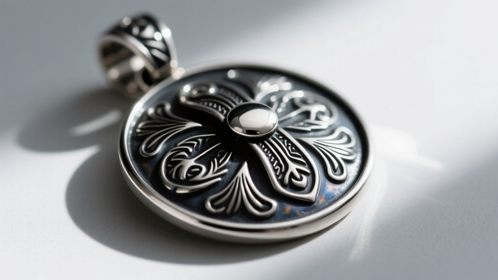 Macro shot of thick sterling silver concho pendant, showing deep hand-stamped repoussé details and dark, oxidized silver patina.