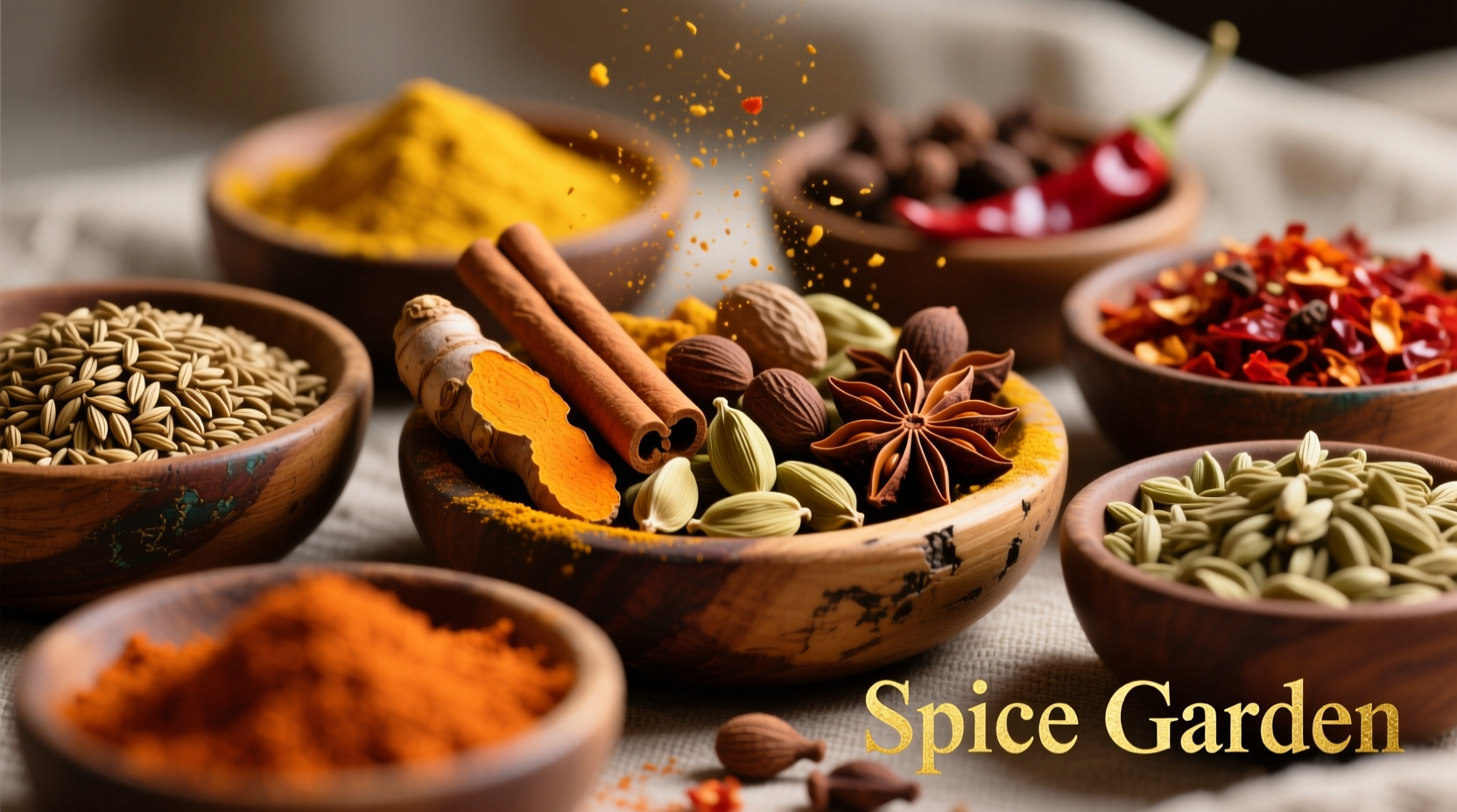 Colorful assortment of whole spices in wooden bowls