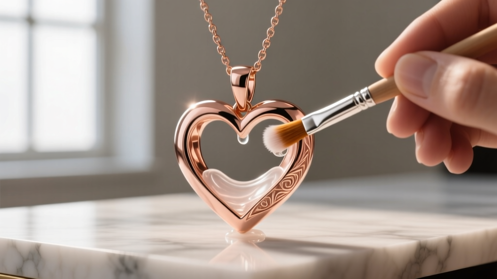 Jeweler using a soft brush and mild soapy solution to clean the tight inner crevices of a rose gold double heart pendant.