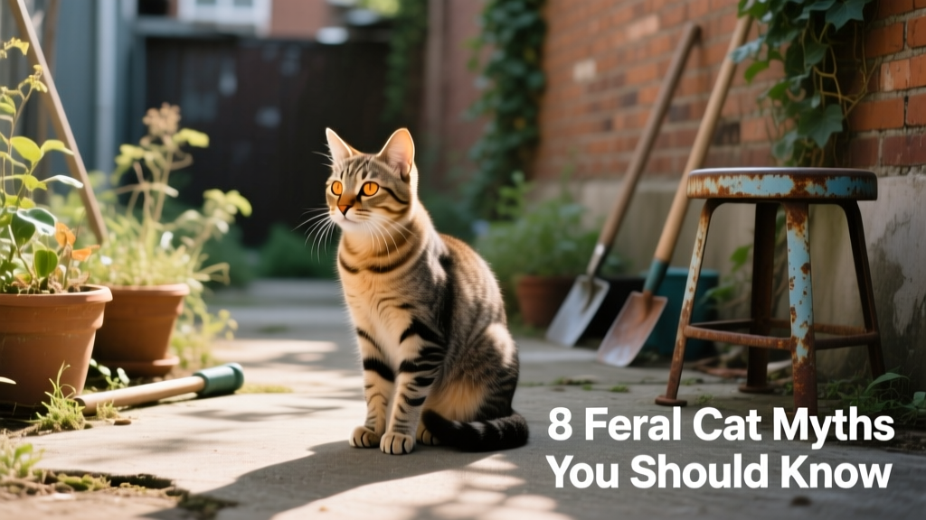 A calm, healthy-looking feral cat sitting at a distance in a sunlit urban backyard, observing its surroundings