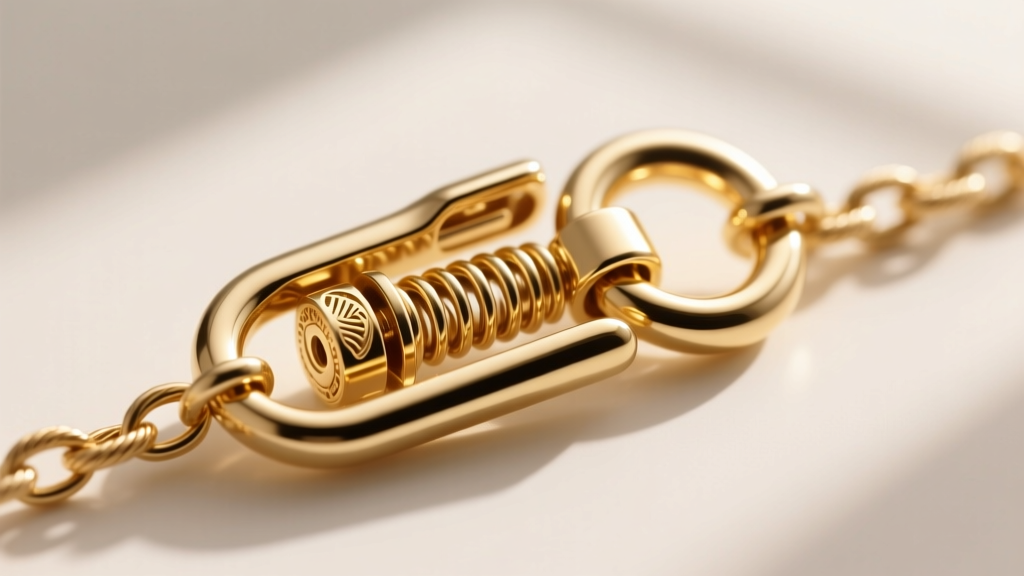 Macro close-up of a 14k gold lobster clasp on a 1.5mm cable chain, showing the internal spring mechanism and jump ring.