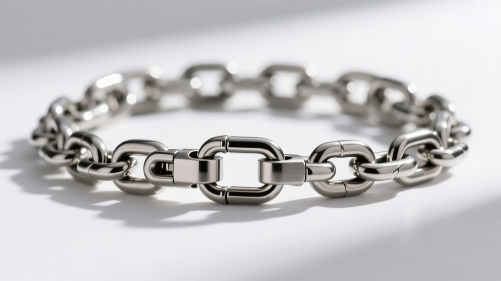 Macro shot of 5mm 316L stainless steel Cuban chain and lobster clasp, showing brushed matte finish and secure link welding detail