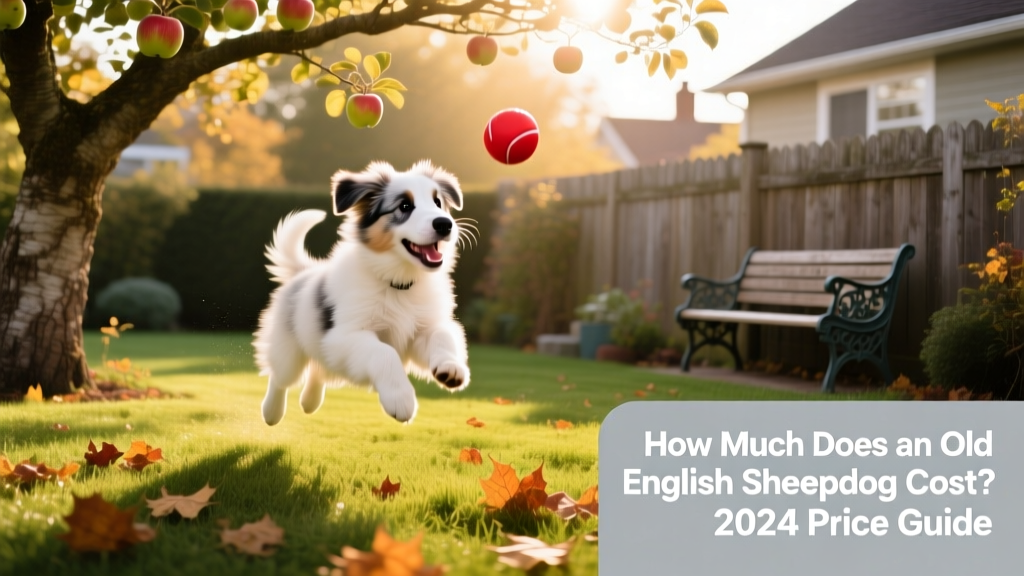 A joyful Old English Sheepdog puppy playing in a sunlit backyard