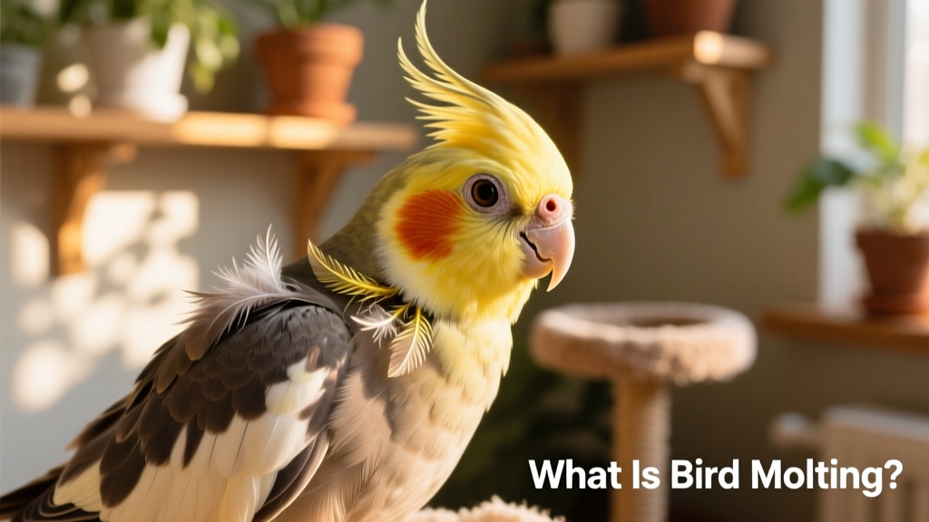 Close-up of a cockatiel showing fresh pin feathers emerging along the neck and wing