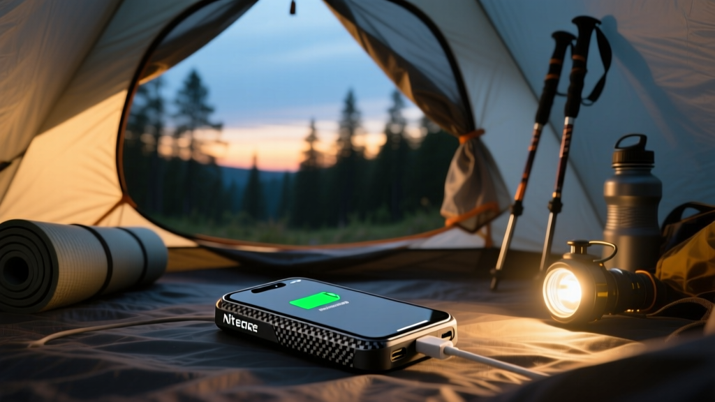 Close-up of a Nitecore carbon fiber power bank charging a smartphone inside a hiking tent at dusk, highlighting lightweight expedition gear.