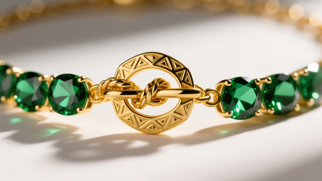 Close-up of 14k gold toggle clasp on a knotted peridot necklace, showing the contrast between yellow gold and green gems