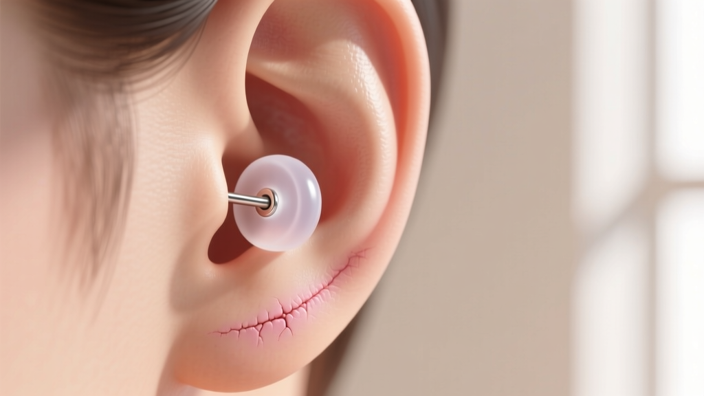 Close-up of a clear medical-grade silicone pressure earring with an 8mm pad resting gently against a healed earlobe piercing site