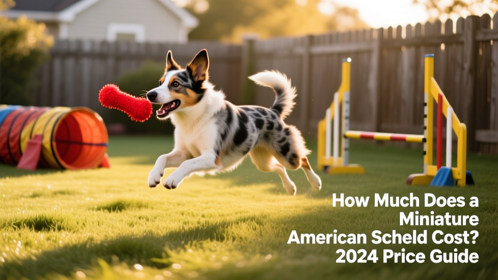Miniature American Shepherd playing fetch in a fenced yard with agility equipment visible in background