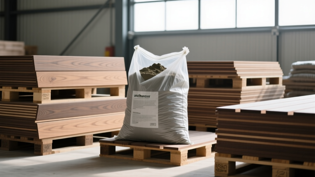 Stacked pallets of surplus composite decking and bagged mortar photographed for an online building materials exchange