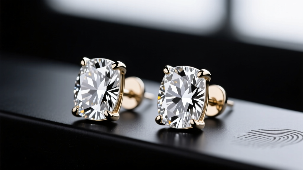 Close-up of heavy 14k white gold traphouse iced-out stud earrings with VVS moissanite stones resting on a dark matte black surface.
