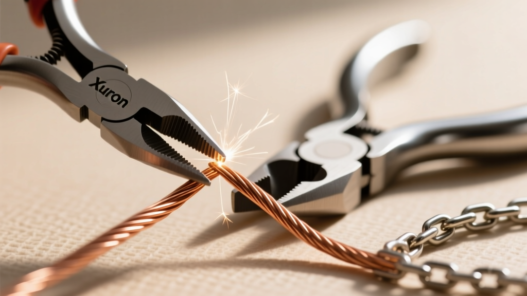 Close-up of a flush cutter snipping 20-gauge copper wire, with Xuron micro-shears and chain-nose pliers resting in soft focus