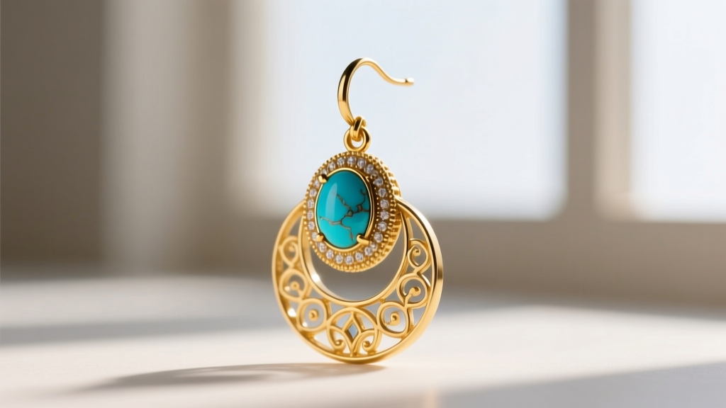 Side profile of an Ottoman-style 22k gold drop earring with bezel-set cabochon turquoise and intricate granulation on the side.
