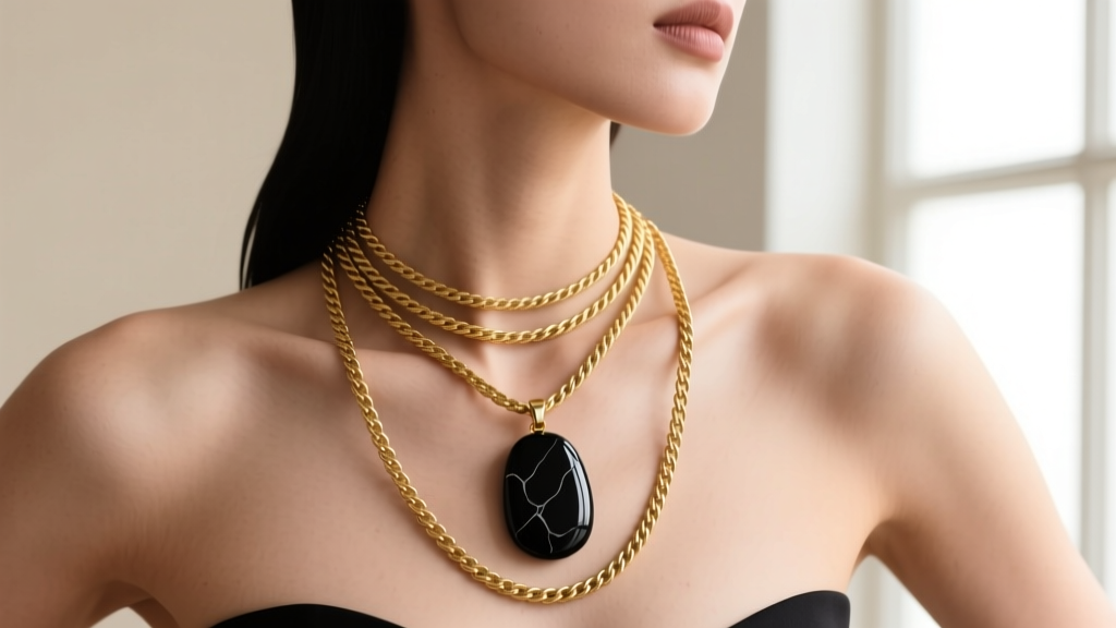 Model wearing a layered necklace stack with a 20-inch black onyx pendant and two shorter 16-inch solid gold cable chains on skin.
