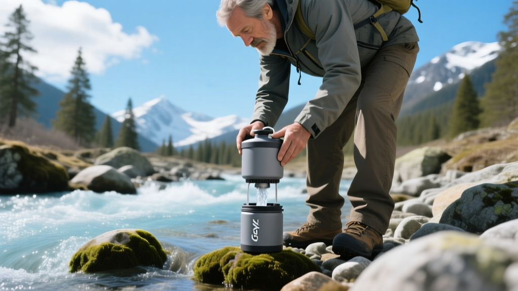 Hiker pressing down on gray Grayl GeoPress water purifier using body weight to filter stream water at a rocky alpine creek bed