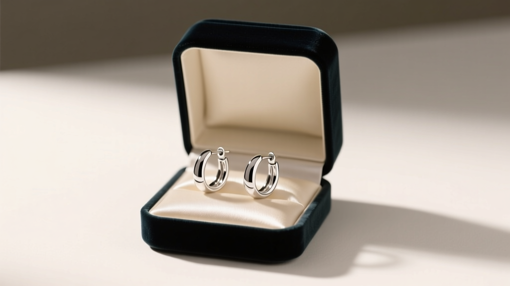 Open velvet box displaying rhodium-plated sterling silver hoop earrings resting on a cream satin cushion under soft warm lighting.